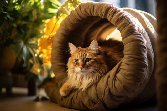 Brown cute cat playing in a cozy brown cat tunnel