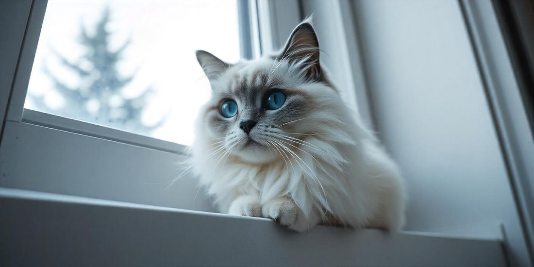 A fluffy white cat with distinct black ears and a gray face, resembling salty candy, perched on a windowsill. The cat's blue eyes reflect the blue sky outside, with a silhouette of trees in the background.