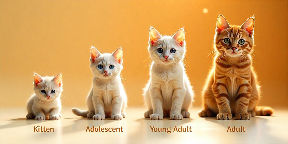 An infographic showing the stages of a cat's growth from kitten to young adult. The image should include four sections