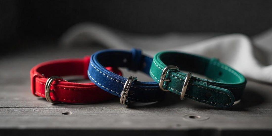 A wooden table featuring three distinctively colored velvet dog collars, highlighting their elegance and variety