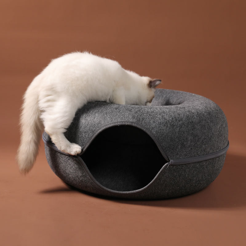Dual-Use Round Wool Felt Cat Nest & Tunnel