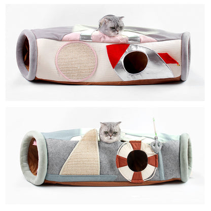 Folding Semi-Enclosed Cat Ship Tunnel & Scratcher with Litter Area