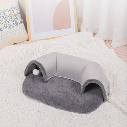 Plush Gray Velvet Cat Tunnel Bed