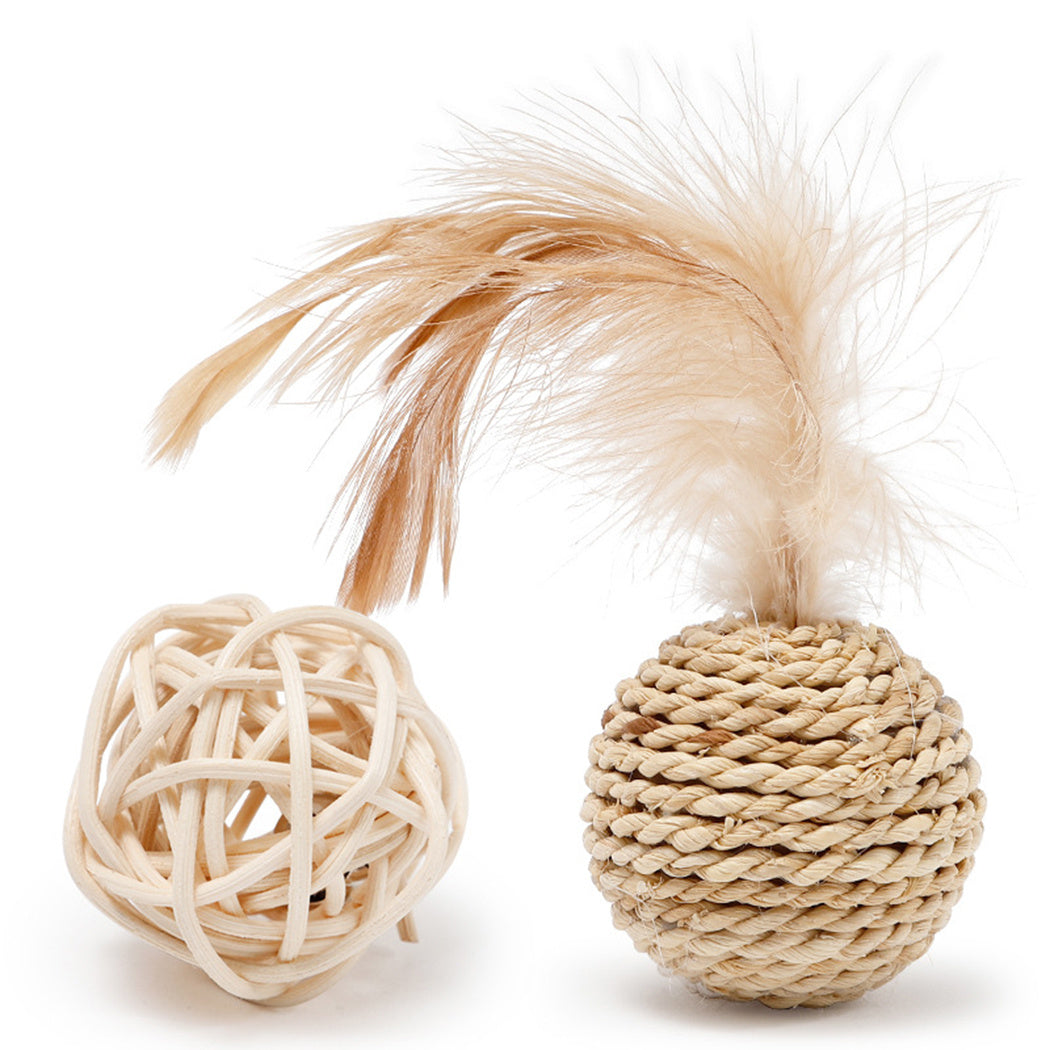 2 piece Rattan Ball Faux Cat Feather Play Ball