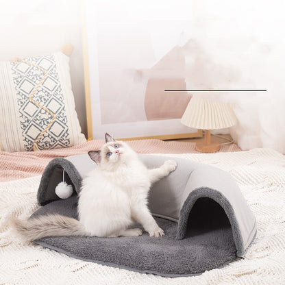 Plush Gray Velvet Cat Tunnel Bed