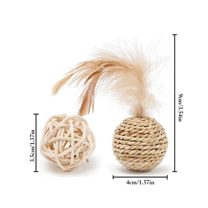 2 piece Rattan Ball Faux Cat Feather Play Ball