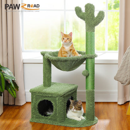 PAWZ Road Cactus Cat Tree Condo 39.4 Inch With Hammock, Tall Sisal Scratching Post For Indoor Medium Cats, Green