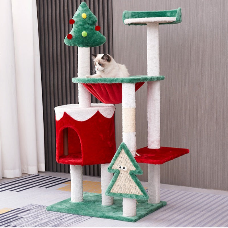 Festive Christmas cat tree with holiday-themed decorations for cats.