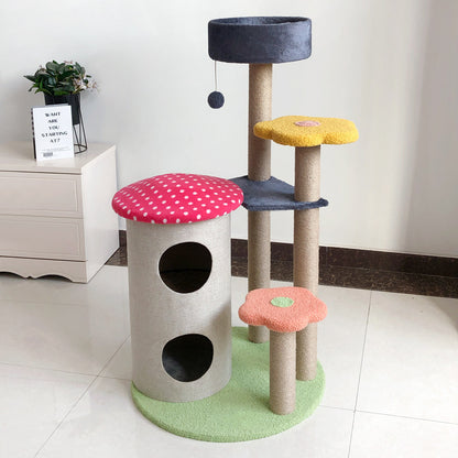 Flower design cat tree with condo in a compact room