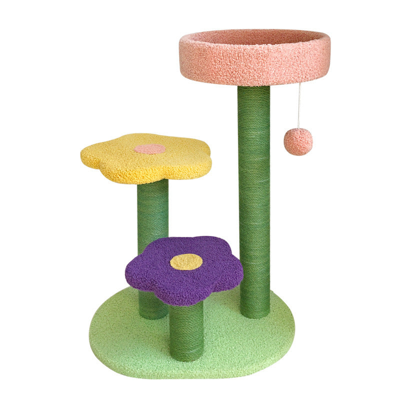 Multi-colored flower design cat tree with sisal scratching posts and cozy platforms on a white background