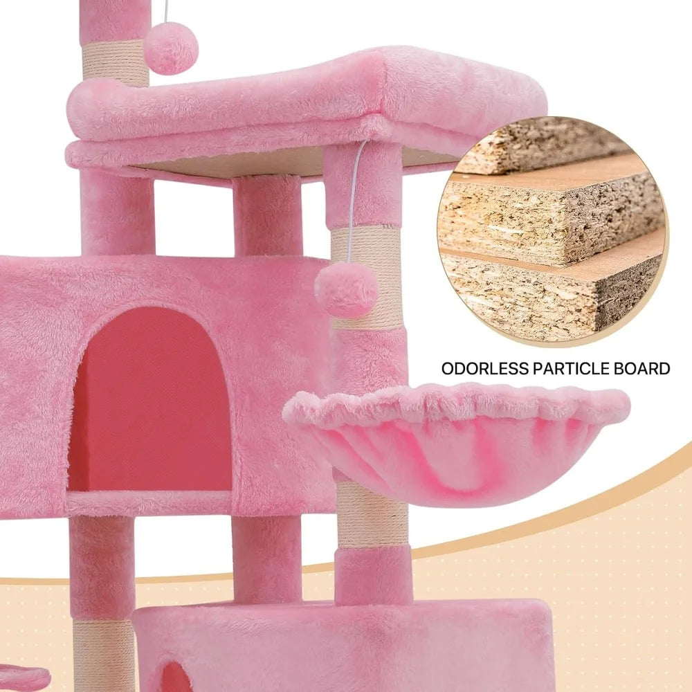 58-Inch Cute Cat Tree Tower with 2 Condos and 3 Hammocks