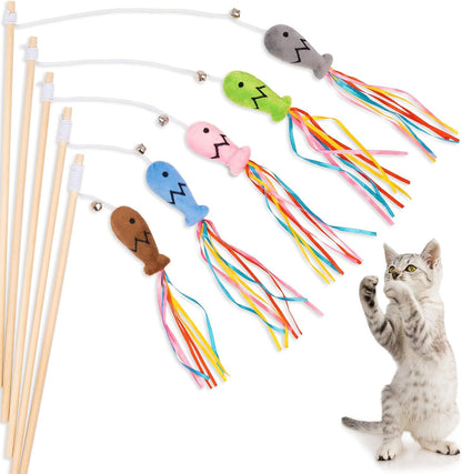 Colorfull Ribbons Bell Cat Wand Toy