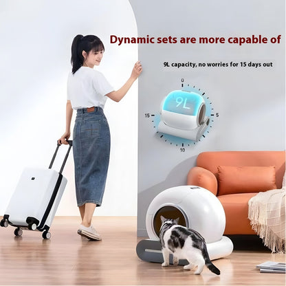 A girl leaving home glances back to see her cat entering the litter robot box