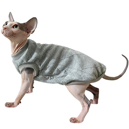 hairless cat wear sleeveless sweatshirt gray shirt