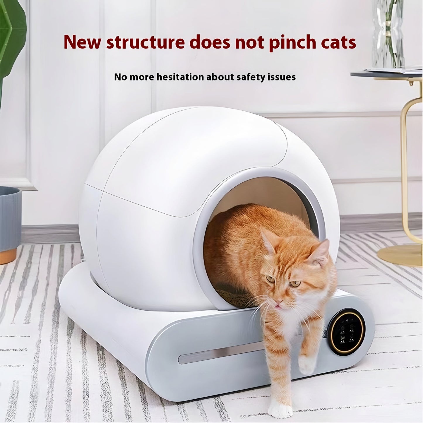 Cat investigates robotic litter box with curiosity, partially hidden behind it.